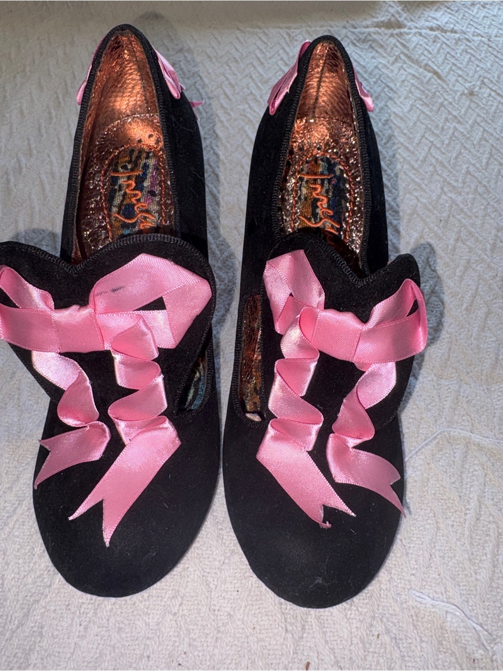 Irregular Choice Fairies in a Jar Black Velvet Heels with Pink Satin Ribbon